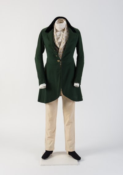 Cappotto da uomo in panno di lana verde, con pantaloni di lana e panciotto tessuto, 1830 da Unbekannt Unbekannt
